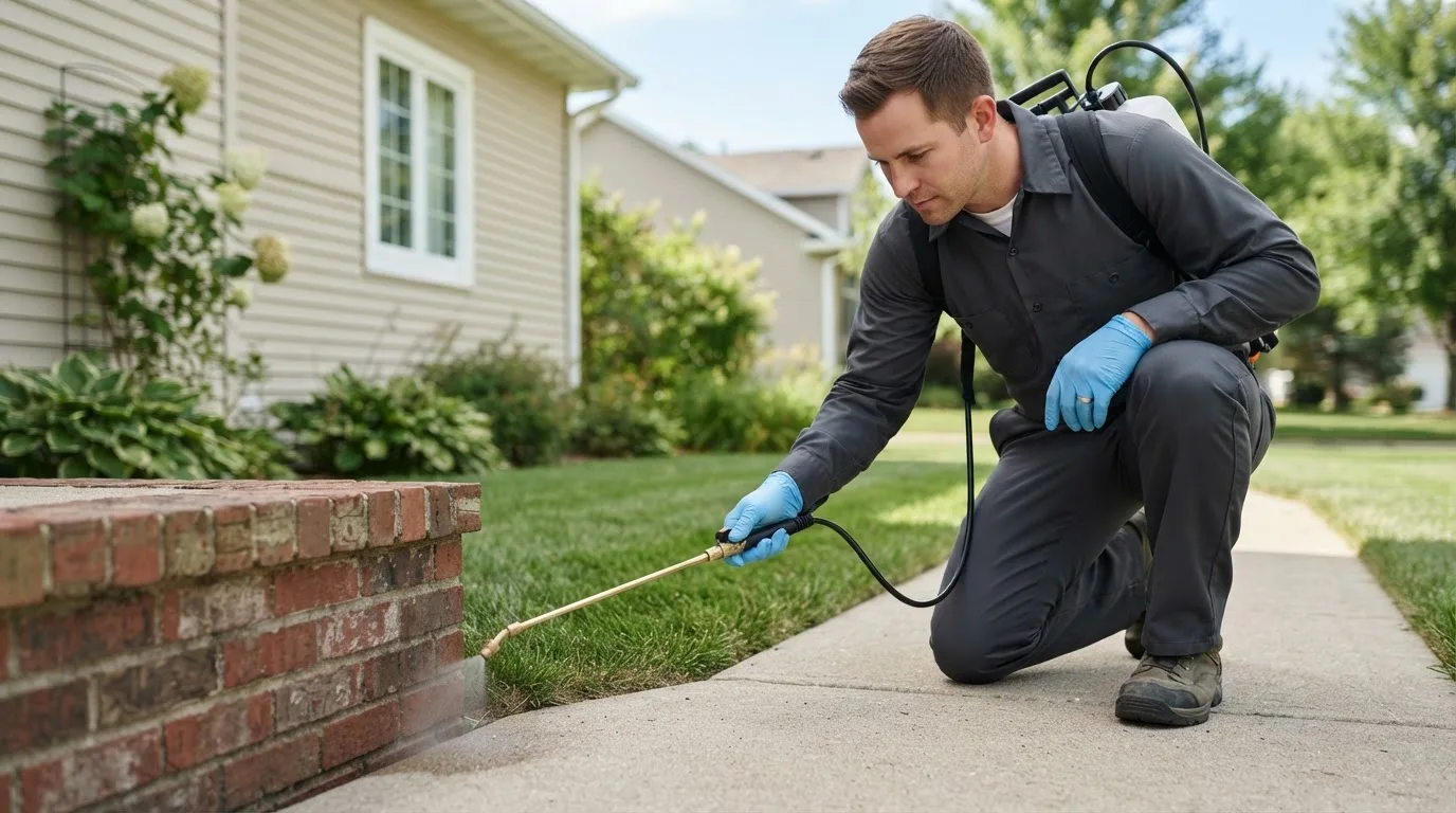 Pest control technician treating a home near Brice, OH